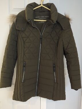 Marc New York Olive Green Quilted Puffer Coat with Faux Fur Trim